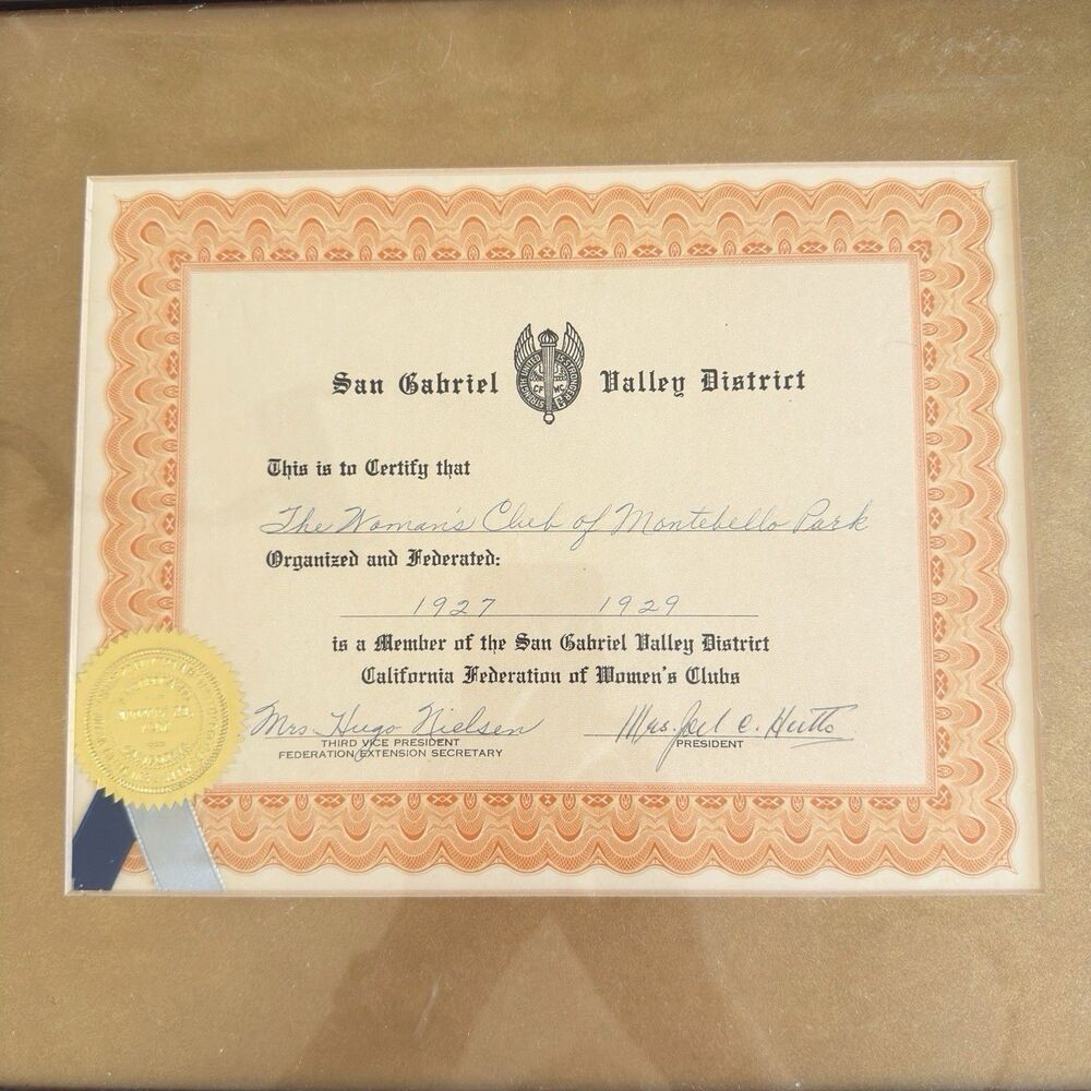 CFWC Certificate Woman's Club Montebello Park Framed Gold Seal Ribbon Vintage